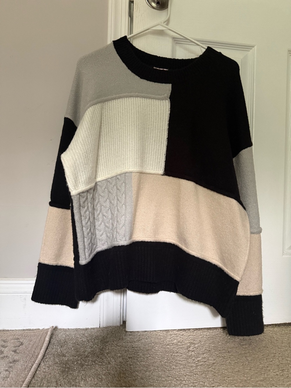 Pink Lily Colorblock Crewneck Sweater - Black, Cream & Gray